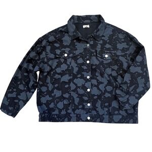 POL Denim Jacket Women LG Black Camo Hand Painted Heart Graphic Streetwear Boho